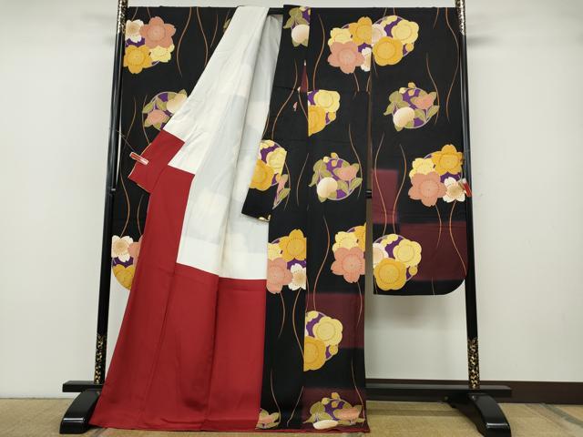平和屋着物●豪華振袖 立涌花丸文 暈し染め 黒地 正絹 逸品 CABH9791ut