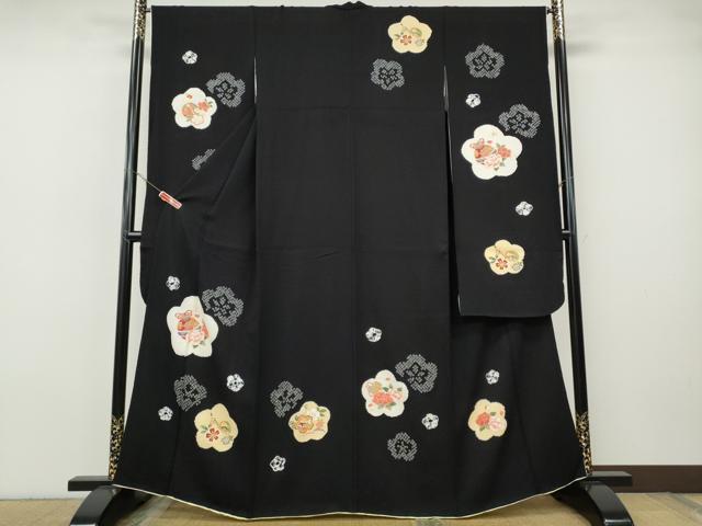 平和屋着物●豪華振袖 絞り 櫛 簪 鈴 舞花文 黒地 金彩 正絹 逸品 CABH9793ut