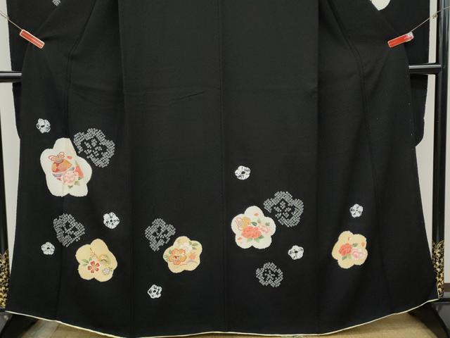平和屋着物●豪華振袖 絞り 櫛 簪 鈴 舞花文 黒地 金彩 正絹 逸品 CABH9793ut