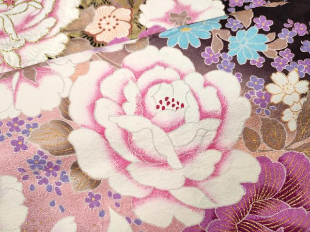 平和屋着物●豪華振袖 刺繍 ラインストーン 舞花文 暈し染め 金銀彩 正絹 逸品 CABH9797ut