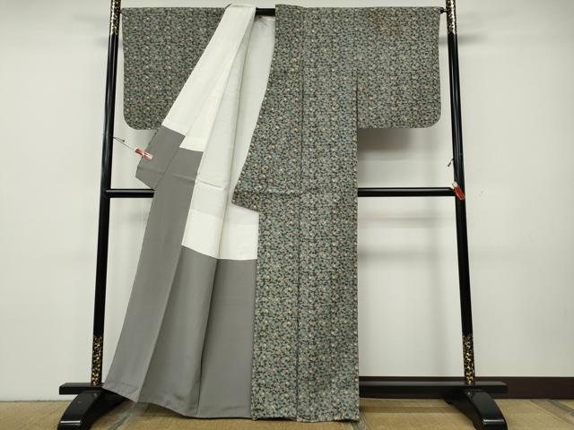 平和屋着物●上質な紬 型染め 蔦の葉花文 正絹 逸品 CABH9809ut