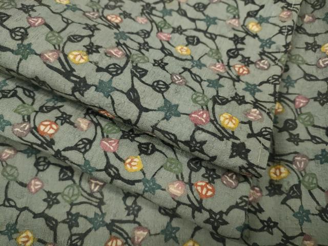 平和屋着物●上質な紬 型染め 蔦の葉花文 正絹 逸品 CABH9809ut