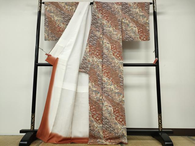 平和屋着物●上質な小紋 型染め 道長風景花文 鬼しぼ縮緬 正絹 逸品 CABH9812ut