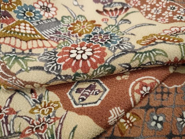 平和屋着物●上質な小紋 型染め 道長風景花文 鬼しぼ縮緬 正絹 逸品 CABH9812ut
