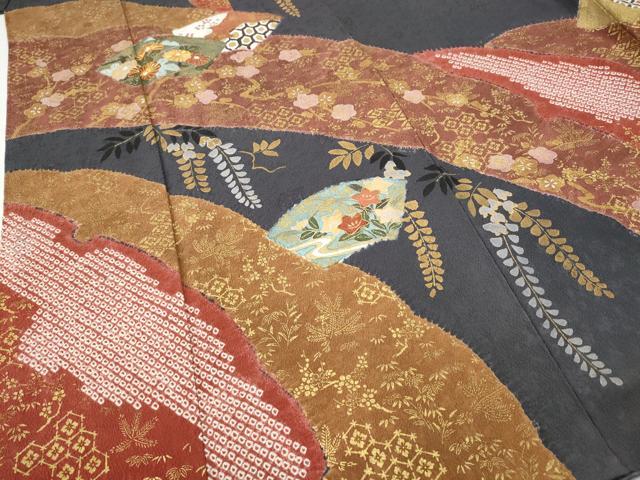 平和屋着物●訪問着 駒刺繍 絞り 地紙花文 金彩 正絹 逸品 CABH9815ut