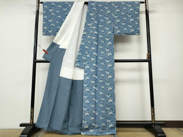 平和屋着物●日本工芸会正会員 松原利男 長板中型 玉藍染 小紋 舞花文 正絹 逸品 CABH9842ut