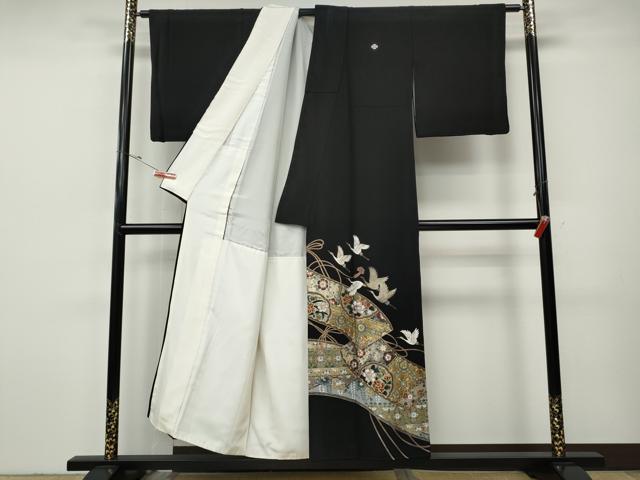 平和屋着物●英王室献上友禅作家 木下勝功 黒留袖 飛鶴蒔絵花文 ラインストーン 金彩 正絹 逸品 CABH9859ut