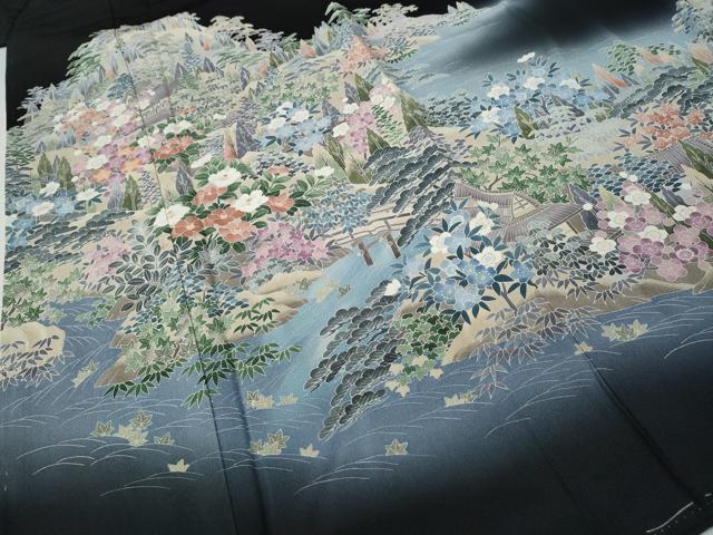 平和屋着物●豪華黒留袖 友禅 作家物 風景草花文 暈し染め 正絹 逸品 CABH9860ut