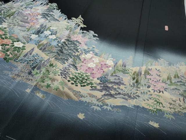 平和屋着物●豪華黒留袖 友禅 作家物 風景草花文 暈し染め 正絹 逸品 CABH9860ut