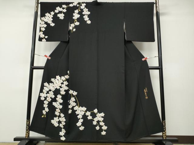 平和屋着物●日本舞踊家 岩井流宗元 岩井友見 訪問着 駒刺繍 枝垂れ花文 黒地 正絹 逸品 CABH9868ut