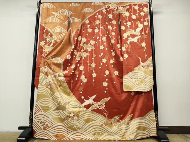 平和屋着物●豪華振袖 駒刺繍 立波飛鶴花文 金彩 正絹 逸品 CABH9885ut
