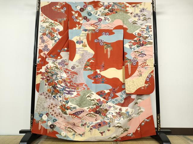 平和屋着物●豪華振袖 駒刺繍 流水風景草花文 金彩 正絹 逸品 CABH9910ut
