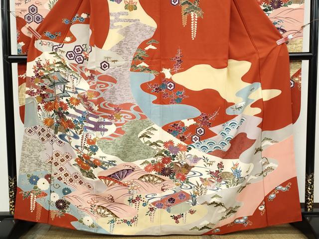 平和屋着物●豪華振袖 駒刺繍 流水風景草花文 金彩 正絹 逸品 CABH9910ut