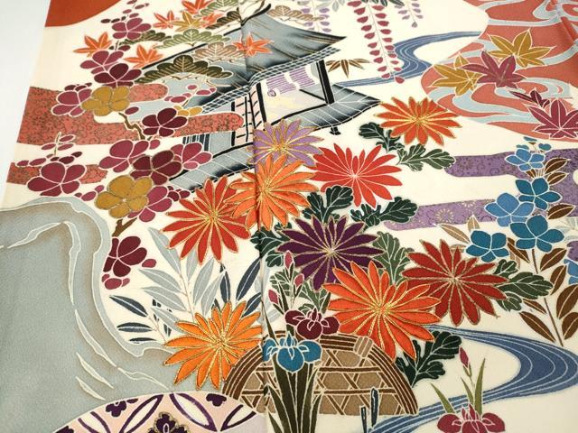 平和屋着物●豪華振袖 駒刺繍 流水風景草花文 金彩 正絹 逸品 CABH9910ut