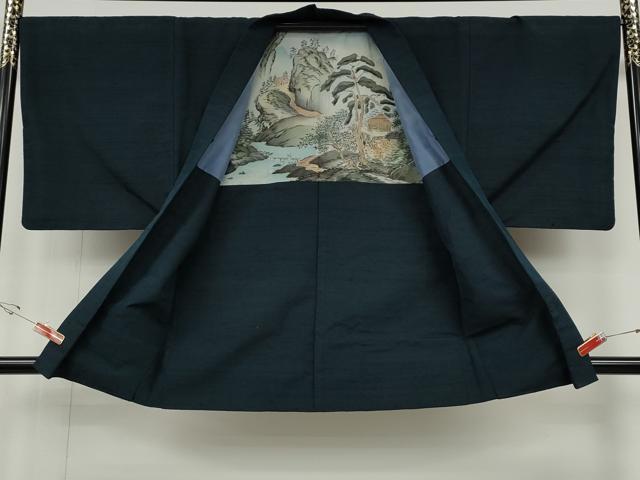 平和屋着物●男性 紬 アンサンブル 鉄御納戸色 正絹 逸品 CABH9913ut