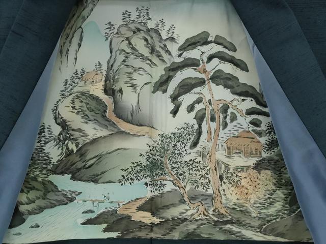 平和屋着物●男性 紬 アンサンブル 鉄御納戸色 正絹 逸品 CABH9913ut