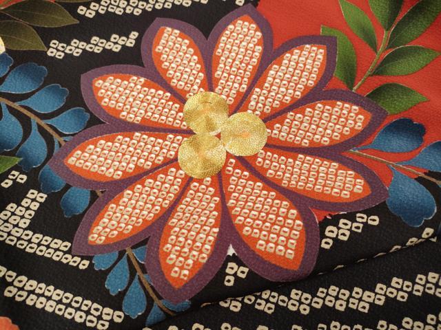 平和屋着物●豪華振袖 駒刺繍 鹿の子花文 金彩 正絹 逸品 CABH9917ut