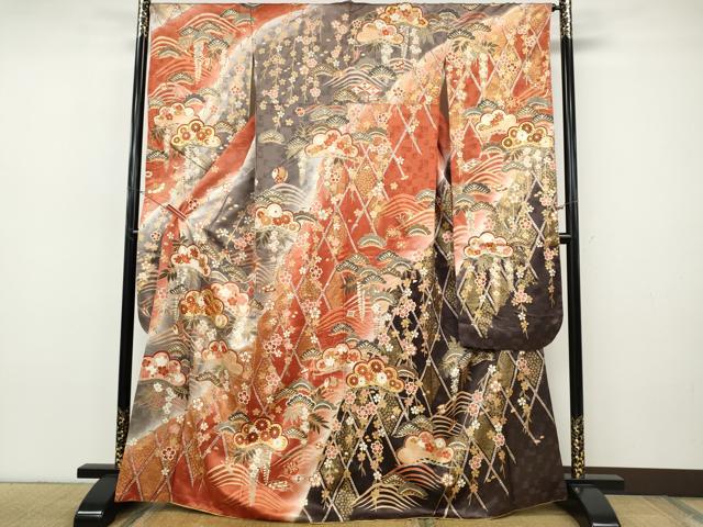 平和屋着物●豪華振袖 駒刺繍 宝尽くし松花文 暈し染め 金彩 正絹 逸品 CABH9922ut