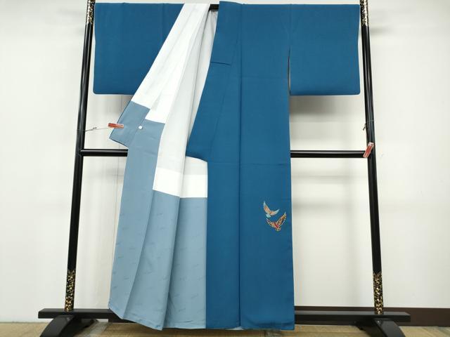 平和屋着物●染色作家 斉藤三才監修 色留訪問着 三才鳥 紺碧色 証紙付き 正絹 逸品 CABH9943ut