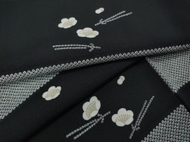 平和屋着物●上質な小紋 横段こぼれ松葉梅文 黒地 ロング丈 正絹 逸品 CABH9952ut