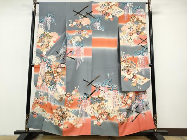 平和屋着物●豪華振袖 駒刺繍 糸巻き鼓花文 暈し染め 金彩 正絹 逸品 CABH9953ut