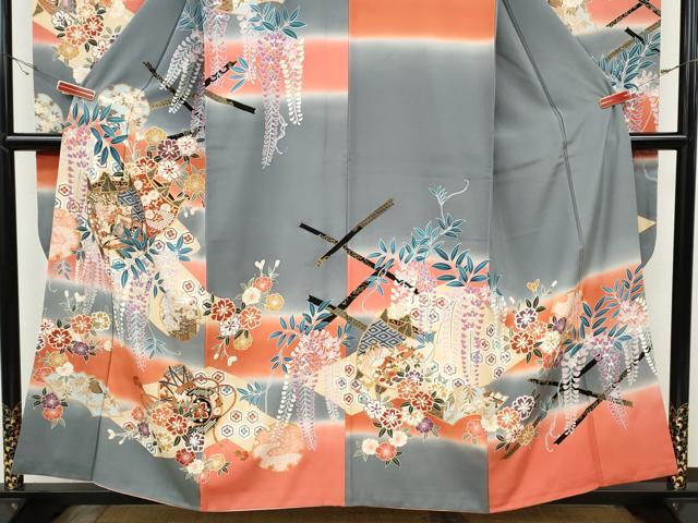 平和屋着物●豪華振袖 駒刺繍 糸巻き鼓花文 暈し染め 金彩 正絹 逸品 CABH9953ut