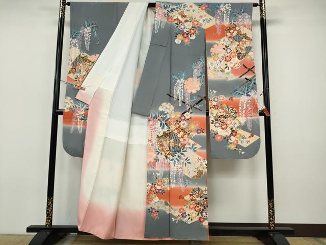 平和屋着物●豪華振袖 駒刺繍 糸巻き鼓花文 暈し染め 金彩 正絹 逸品 CABH9953ut