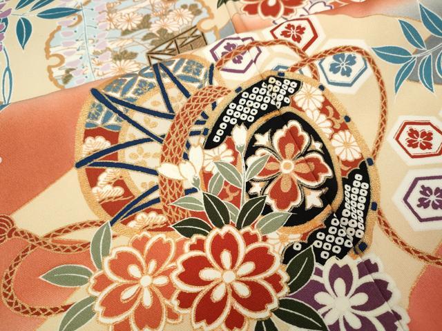 平和屋着物●豪華振袖 駒刺繍 糸巻き鼓花文 暈し染め 金彩 正絹 逸品 CABH9953ut