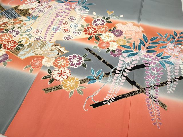 平和屋着物●豪華振袖 駒刺繍 糸巻き鼓花文 暈し染め 金彩 正絹 逸品 CABH9953ut