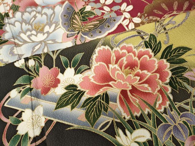 平和屋着物●豪華振袖 舞蝶花車文 暈し染め 金彩 正絹 逸品 CABH9968ut