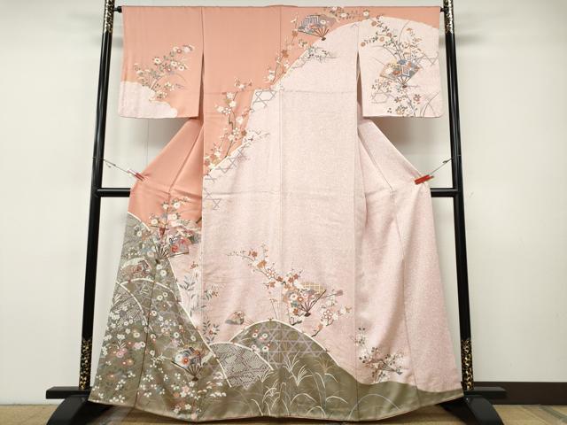 平和屋着物●訪問着 駒刺繍 扇面飛鶴草花文 金彩 正絹 逸品 CABH9971ut
