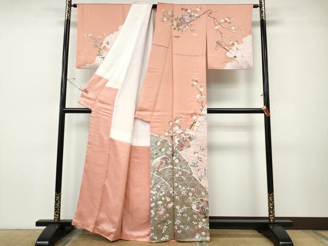 平和屋着物●訪問着 駒刺繍 扇面飛鶴草花文 金彩 正絹 逸品 CABH9971ut