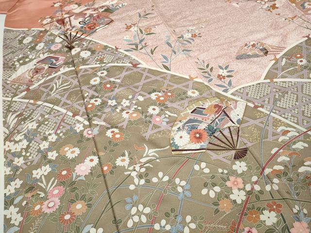 平和屋着物●訪問着 駒刺繍 扇面飛鶴草花文 金彩 正絹 逸品 CABH9971ut