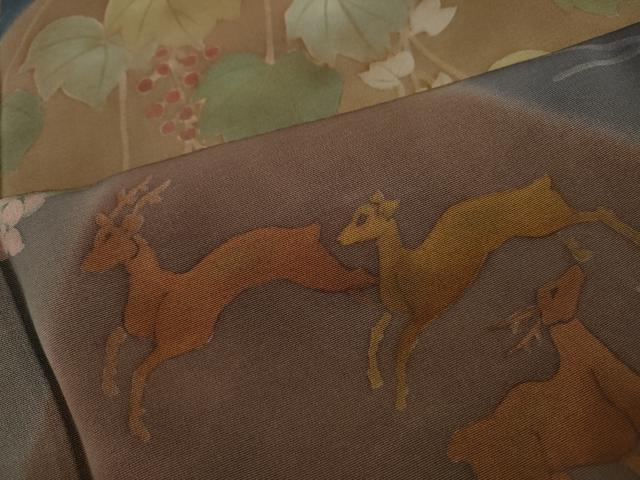 平和屋着物●訪問着 手描き 切嵌飛鶴鹿草花文 金彩 正絹 逸品 CABH9989ut