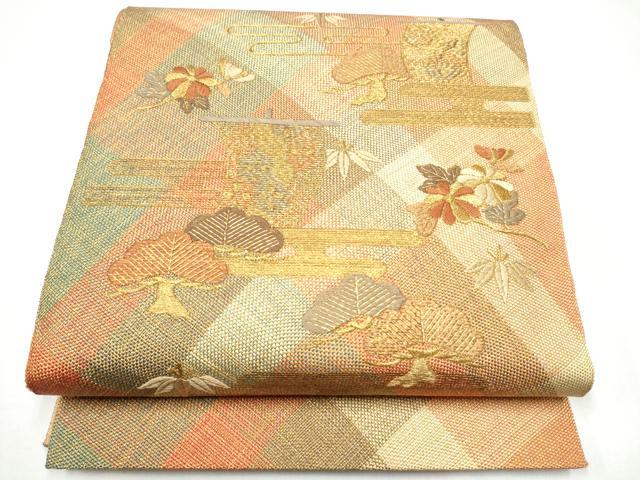 平和屋着物●ひなや工房 くむ・あむ・おる 伊豆蔵明彦 太鼓柄袋帯 刺繍 エ霞草花文 金糸 証紙付き 正絹 逸品 CABI0046hy