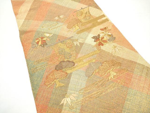 平和屋着物●ひなや工房 くむ・あむ・おる 伊豆蔵明彦 太鼓柄袋帯 刺繍 エ霞草花文 金糸 証紙付き 正絹 逸品 CABI0046hy
