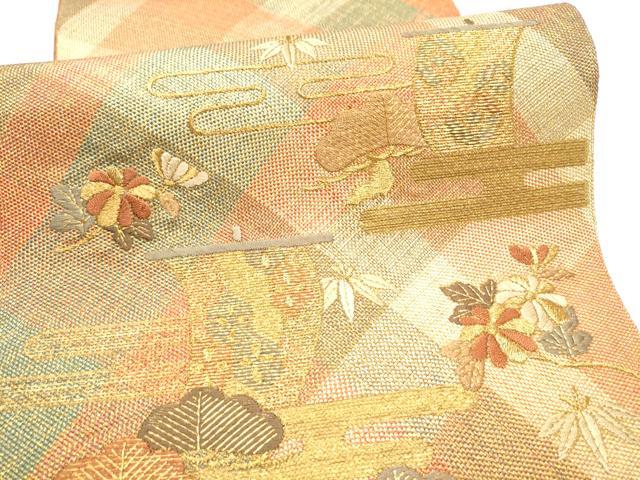 平和屋着物●ひなや工房 くむ・あむ・おる 伊豆蔵明彦 太鼓柄袋帯 刺繍 エ霞草花文 金糸 証紙付き 正絹 逸品 CABI0046hy