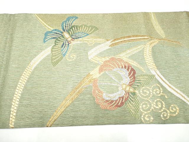 平和屋着物●六通柄袋帯 花蝶文 金糸 正絹 逸品 CABI0071hy