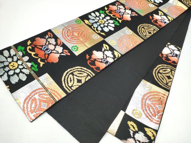 平和屋着物●六通柄 本袋帯 遠州七宝錦 黒地 金銀糸 正絹 逸品 CABI0072hy