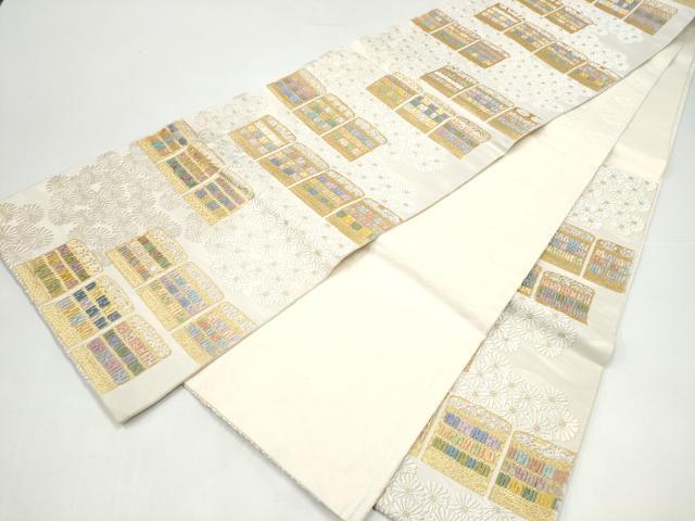 平和屋着物●六通柄袋帯 綴れ唐織 草木染 幾何学花文 金銀糸 正絹 逸品 CABI0085hy