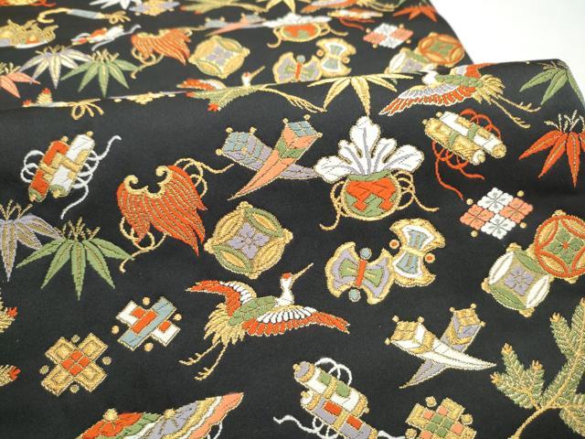 平和屋着物●六通柄袋帯 唐織 飛鶴宝尽くし文 黒地 金糸 正絹 逸品 CABI0091hy
