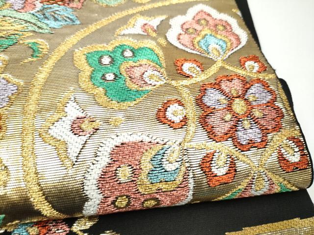 平和屋着物●六通柄 本袋帯 天平華文錦 黒地 金糸 正絹 逸品 CABI0112hy