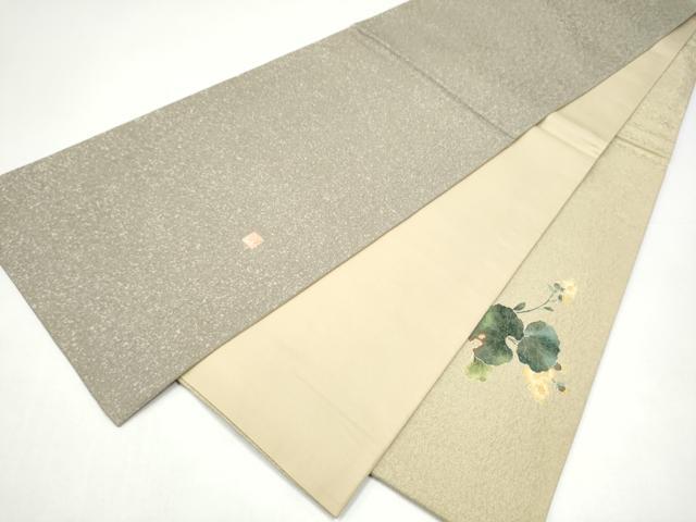 平和屋着物●友禅作家 茂野大生 太鼓柄袋帯 草花文 金通し地 正絹 逸品 CABI0114hy