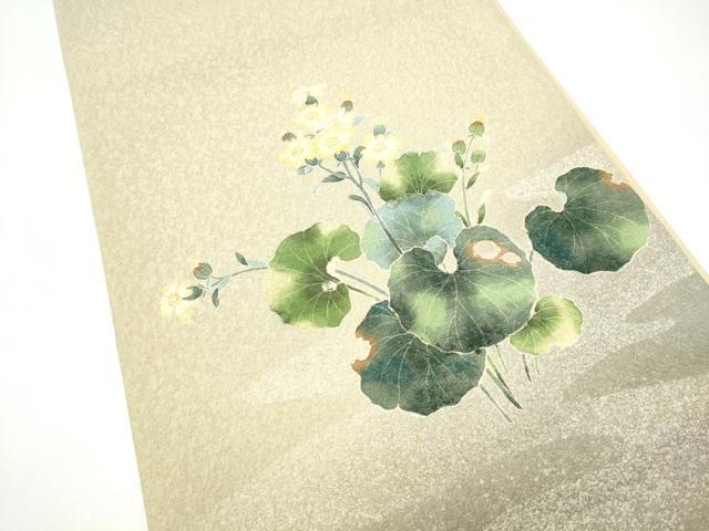平和屋着物●友禅作家 茂野大生 太鼓柄袋帯 草花文 金通し地 正絹 逸品 CABI0114hy