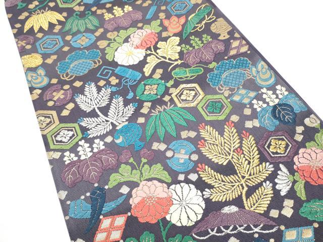 平和屋着物●西陣 六通柄袋帯 唐織 草花文 金糸 証紙付き 正絹 逸品 CABI0115hy