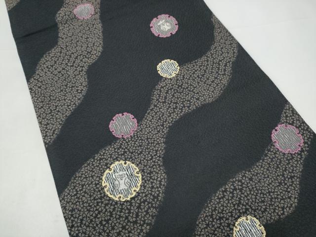 平和屋着物●六通柄袋帯 フクロウ 小花散らし 黒地 正絹 逸品 CABI0126hy