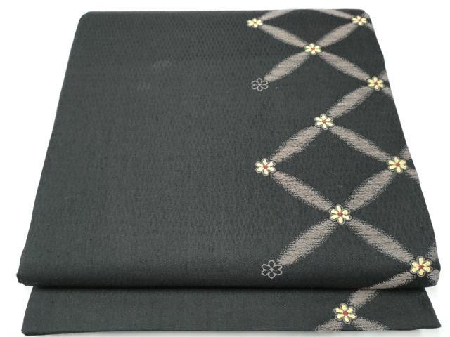 平和屋着物▽六通柄袋帯 スリーシーズン 春夏秋 菱花文 黒地 正絹 逸品 CABI0132hy