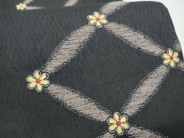平和屋着物▽六通柄袋帯 スリーシーズン 春夏秋 菱花文 黒地 正絹 逸品 CABI0132hy