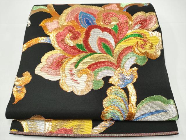 平和屋着物●西陣 環美術織物 六通柄 本袋帯 天平唐花文 黒地 金銀糸 正絹 逸品 CABI0137hy