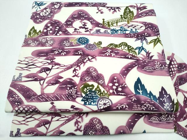 平和屋着物●塩瀬 全通柄 九寸名古屋帯 型染め 風景草花文 正絹 逸品 CABI0150hy